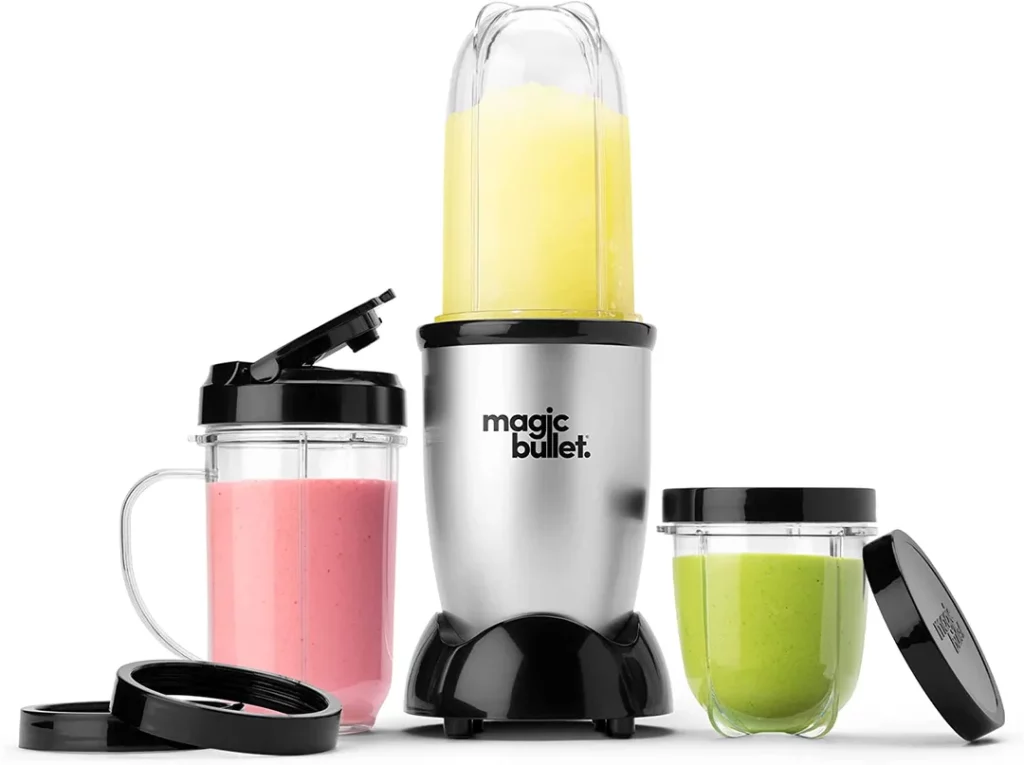 The Magic Bullet Blender is a small, silver 11-piece set that is perfect for those who want to make quick and easy meals.