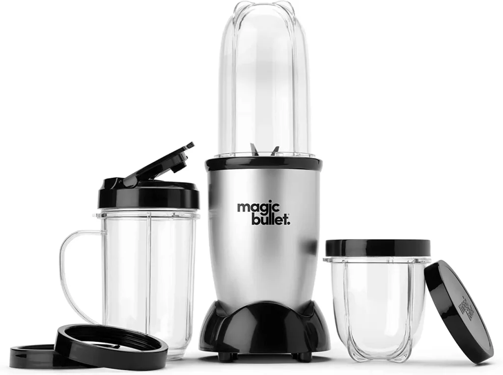 The Magic Bullet Blender is a small, silver 11-piece set that is perfect for those who want to make quick and easy meals.