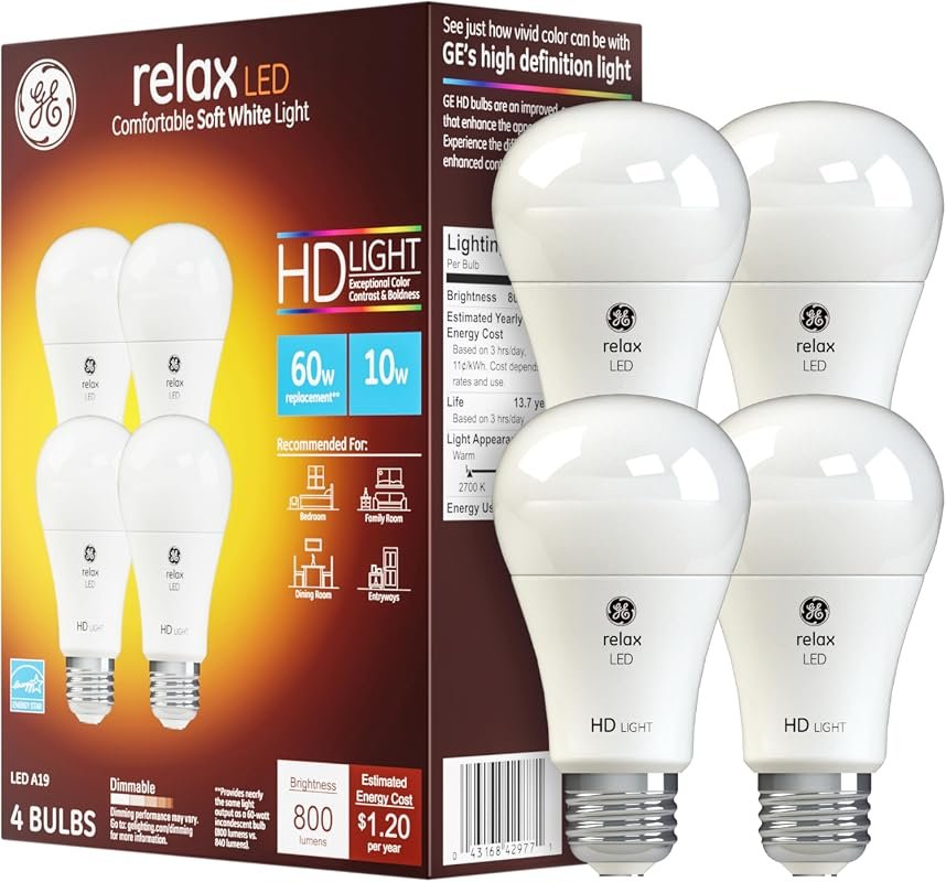 GE Relax LED Light Bulbs, A19, 60W, Soft White, 4-Pack