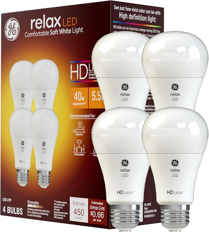 GE Relax A19 LED Light Bulbs, 40W Equivalent, Soft White, 4-Pack