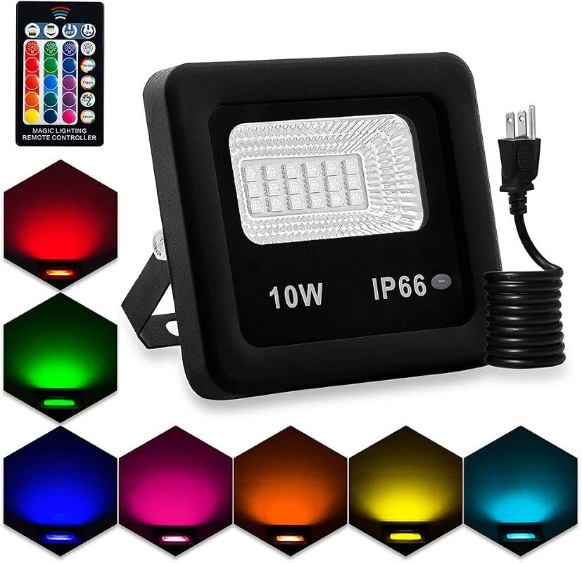 10W RGB LED Outdoor Flood Lights, IP66 Waterproof, 16 Colors, Remote C