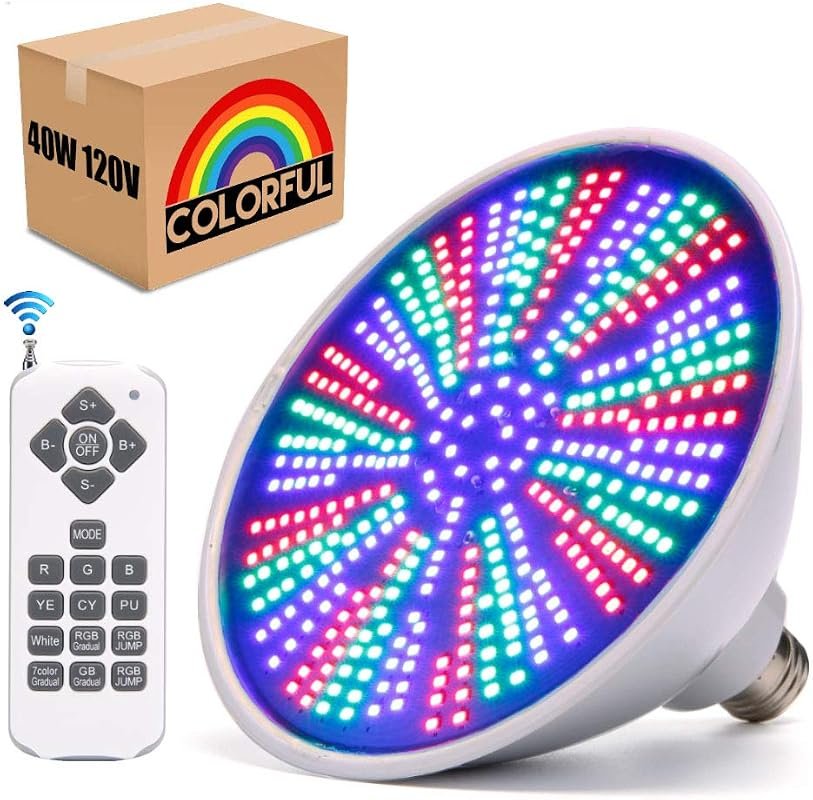 120V 40W RGB Underwater LED Pool Light, Remote Control, E26 Replacemen