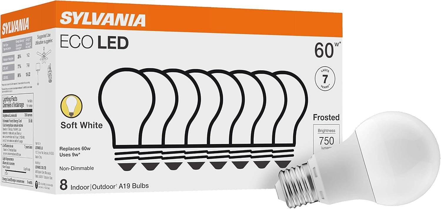 Sylvania ECO A19 LED Light Bulb, 60W Equivalent, 2700K Soft White, 8-P