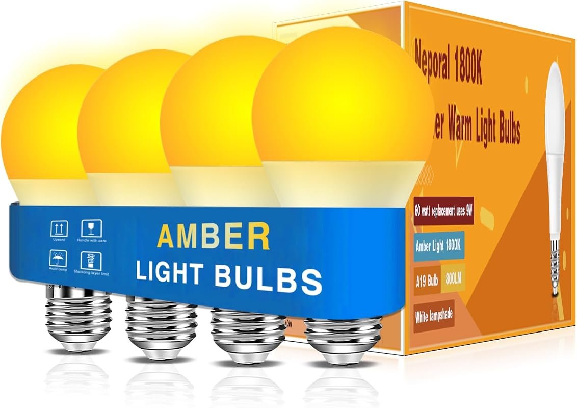 Neporal Amber Sleep Light Bulb, 1800K Blue Blocking A19 E26 4 Pack