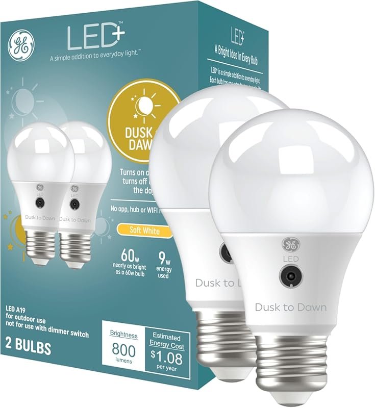 GE LED+ A19 Dusk to Dawn LED Bulbs, Soft White, 2 Pack