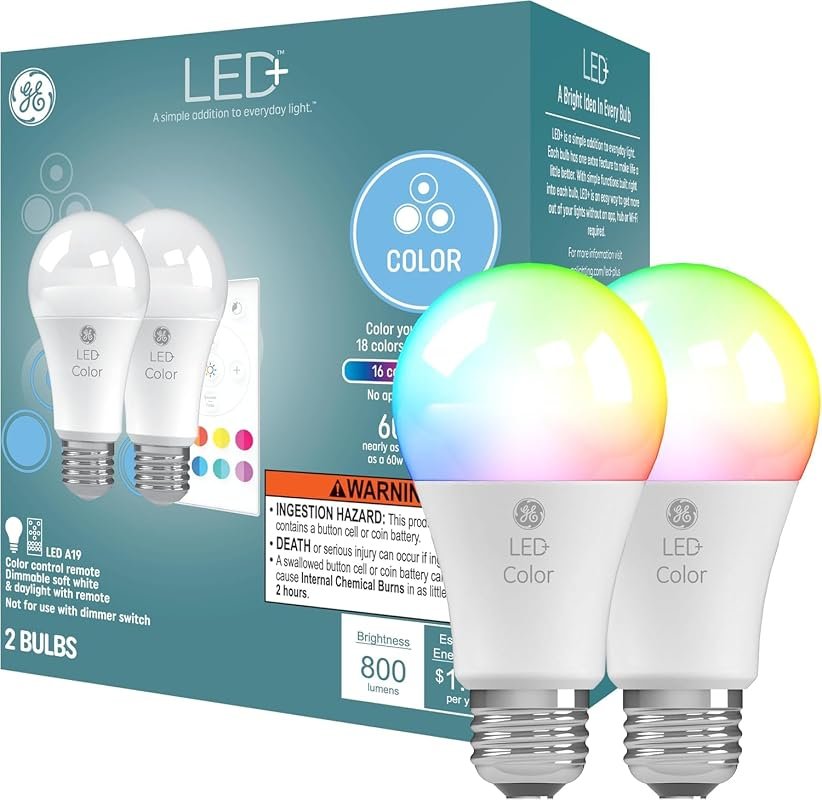 GE LED+ Color Changing LED Bulbs with Remote, A19 Standard, 2 Pack