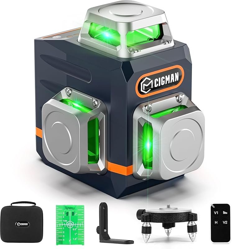 CIGMAN 3x360° Self-Leveling Green Laser Level with Rechargeable Batter