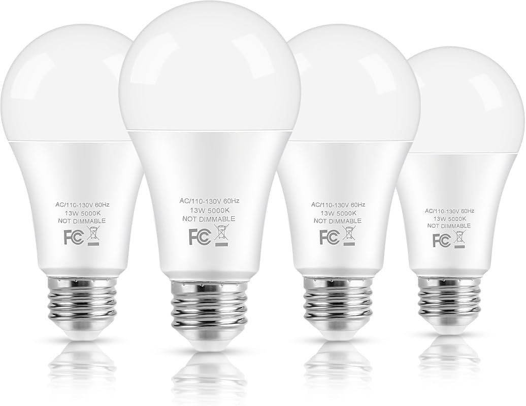 A19 LED Light Bulbs, 100W Equivalent, 5000K Daylight, 13W, E26, 4-Pack