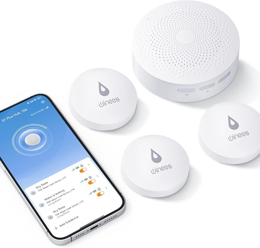 Winees WiFi Water Leak Detector 3-Pack, 100dB Adjustable Alarm, Email 
