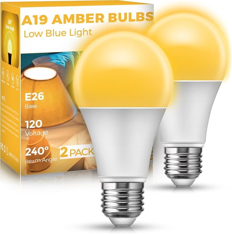 Sleep Light A19 Amber Bulbs, Blue Light Blocking, 1900K, E26, 2-Pack
