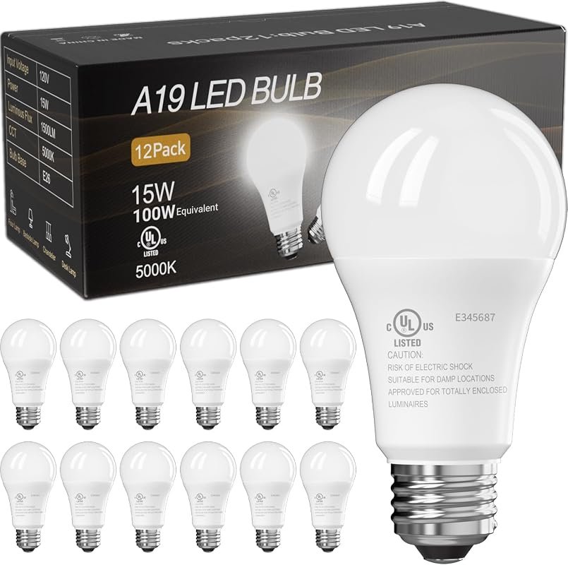 TJOY 12-Pack A19 LED Light Bulbs, 100W Equivalent, 5000K Daylight, 150