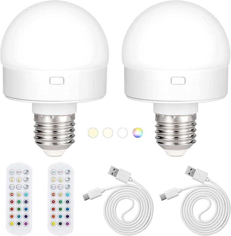 E26 Rechargeable LED Bulb with Remote, Wireless Dimmable USB 2 Pack