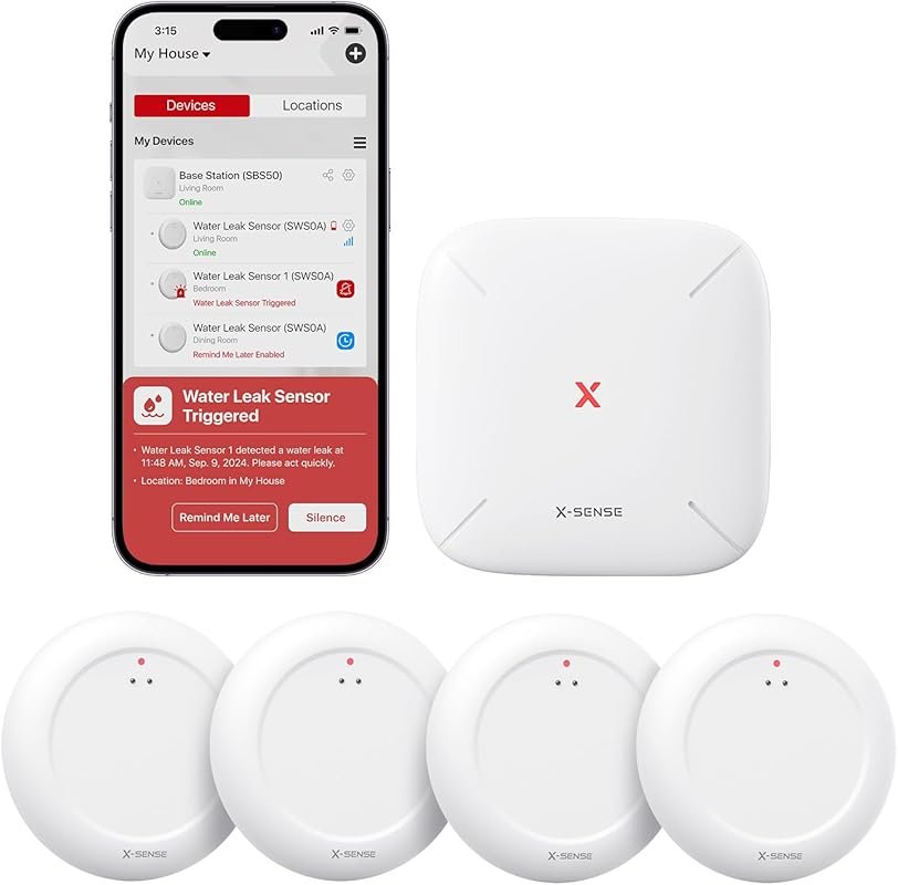 X-Sense SWS0A41 Wi-Fi Water Leak Detector Kit, Smart App Alerts, 4 Sen