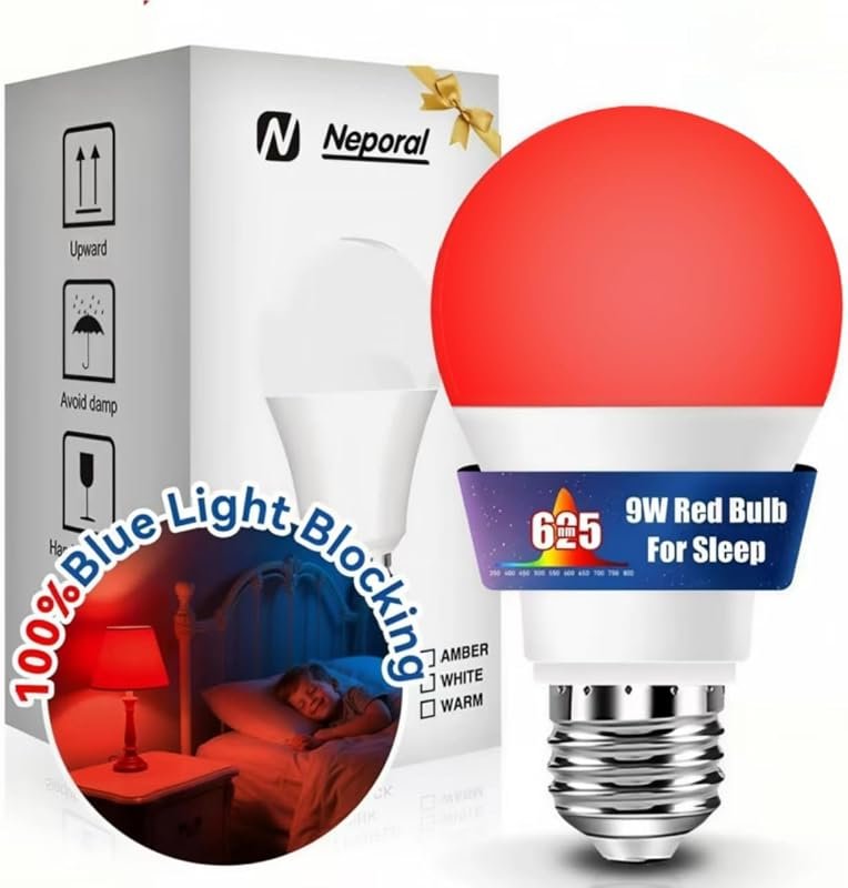 Neporal 625nm Red Light Bulb for Sleep, 100% Blue Light Blocking, A19 