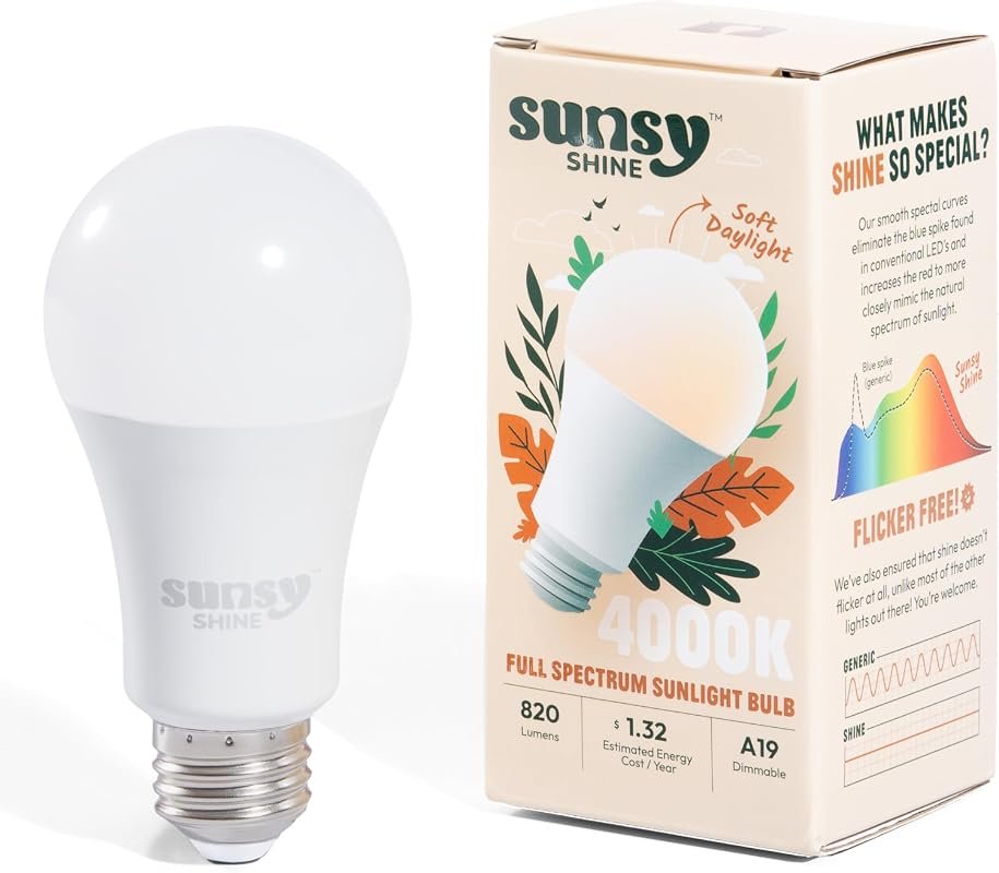 sunsy Shine A19 Full-Spectrum LED Bulb, 4000K Neutral, CRI 97, Dimmabl