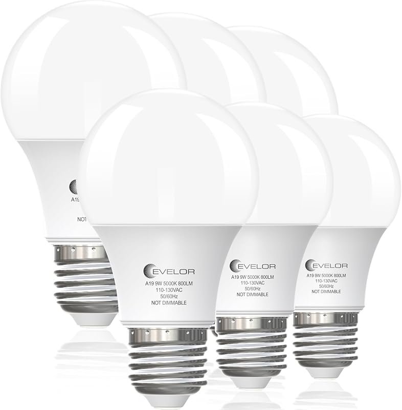 evelor A19 LED Light Bulbs, 60W Equivalent, 5000K Daylight, E26 Base,