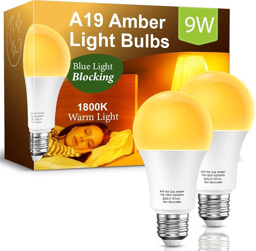 Amber Sleep Light Bulb, 1800K Blue Light Blocking 9W E26, 2 Pack