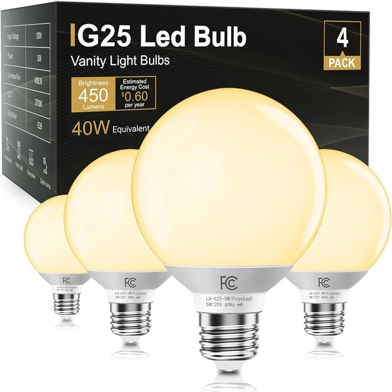 TJOY G25 LED Globe Vanity Bulbs, 40W Equivalent, 2700K Warm White, E26