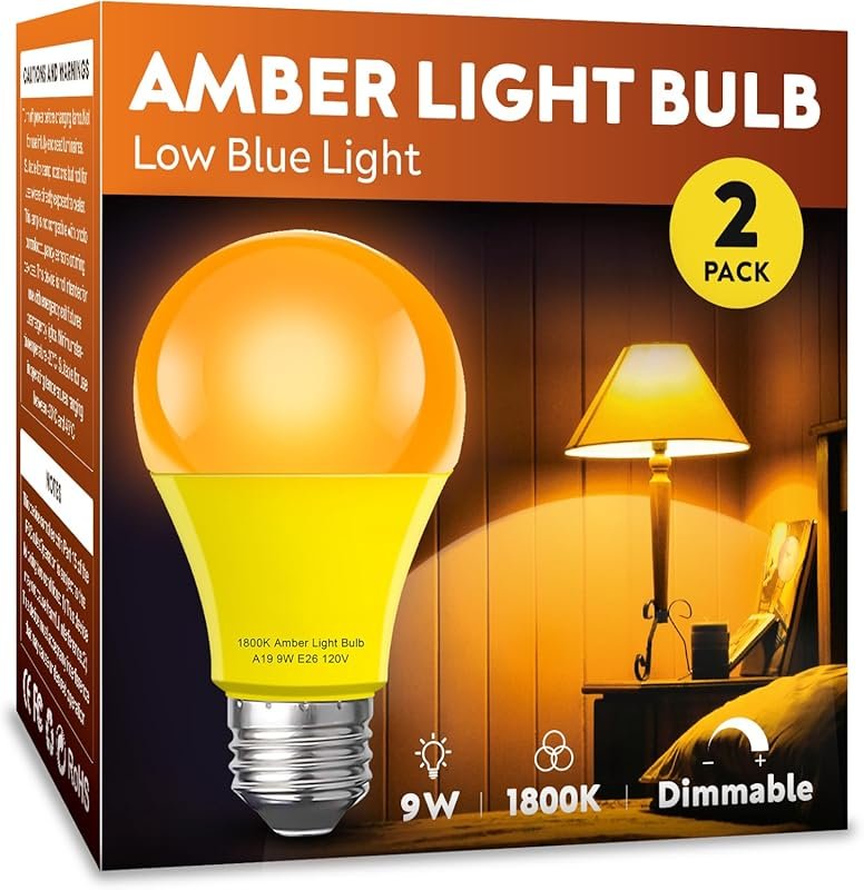 Amber Sleep A19 Dimmable Light Bulbs 2-Pack, 1800K Blue Light Blocking