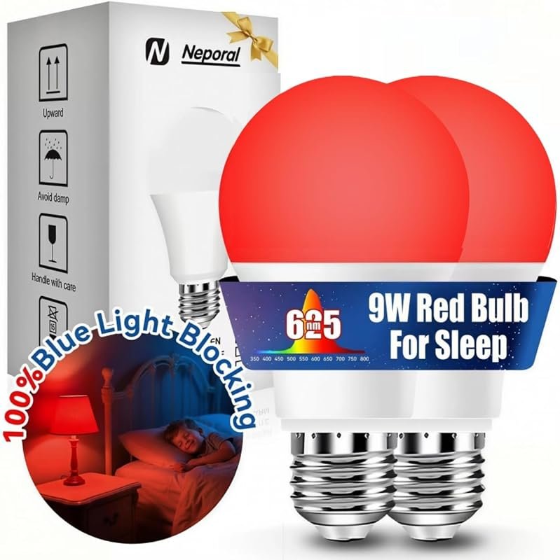 Neporal 625nm Red Light Bulbs for Sleep, 100% Blue Light Blocking, A19