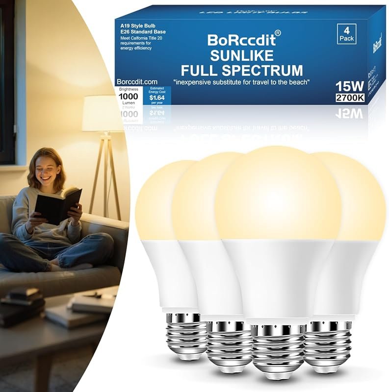 BoRccidt SunLike Full Spectrum A19 LED Bulbs, 2700K Warm White, Flicke