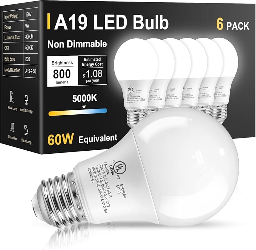 TJOY A19 LED Light Bulbs, 60W Equivalent, 5000K Daylight, E26 Base, 6-