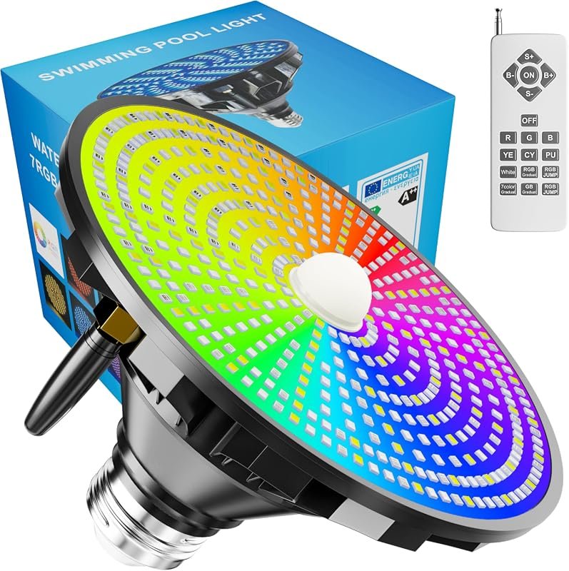 Upgraded 70W RGBW LED Pool Light Bulb, Dimmable, E26 Base, Black Blue 