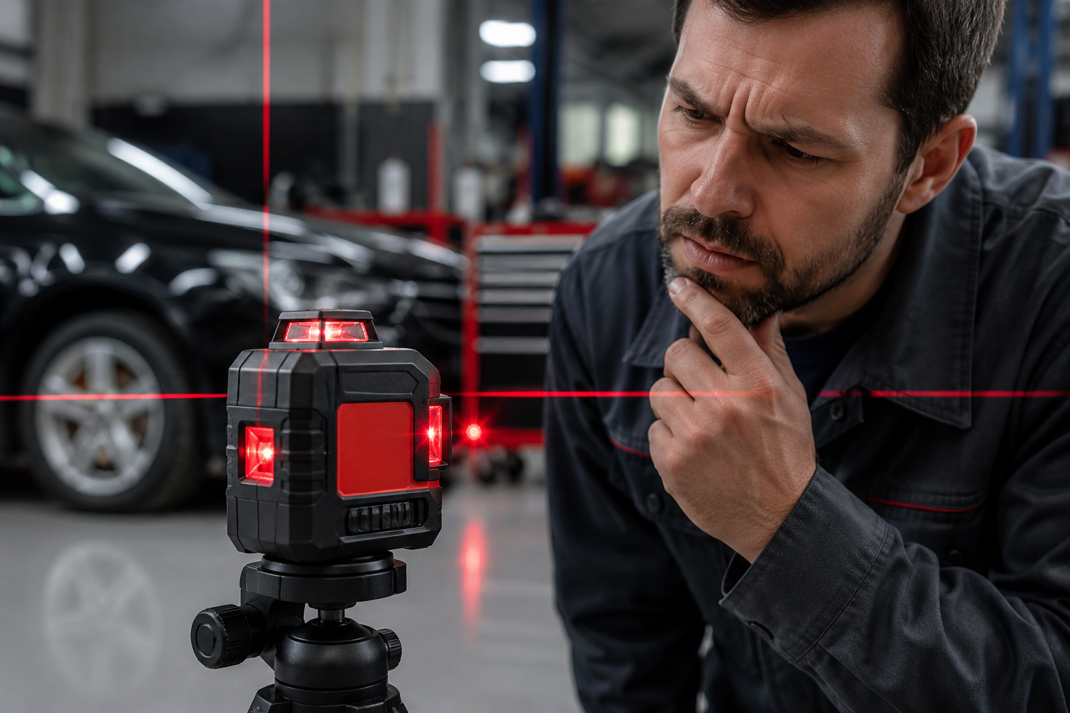 Mechanic Inspecting Laser Level in Garage