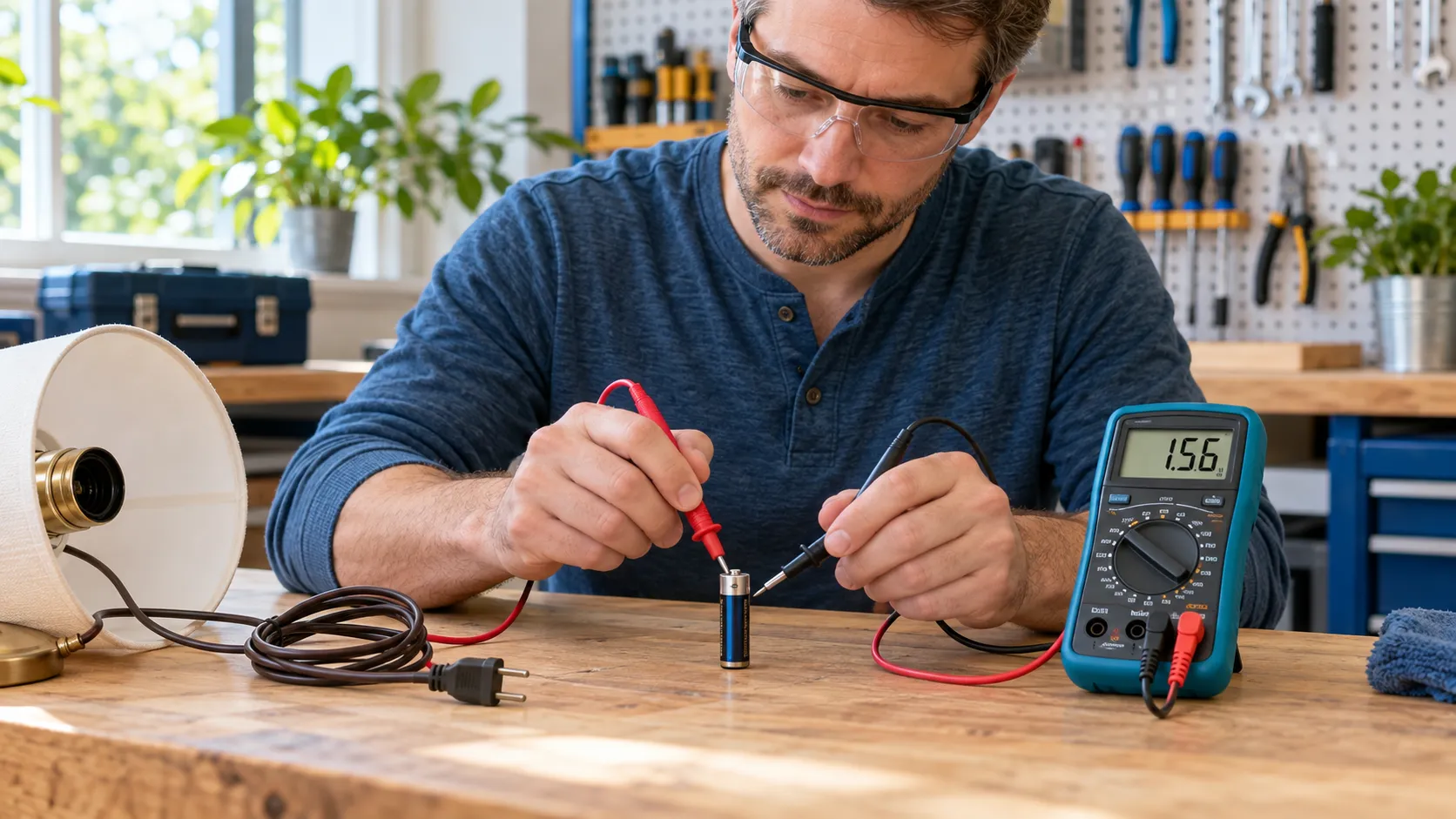 Homeowner safely testing a battery with a digital multimeter on a workbench