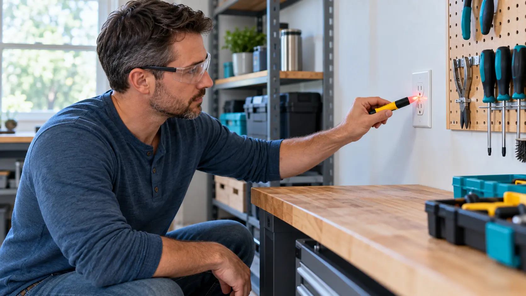Homeowner safely checking a wall outlet with a non-contact voltage tester