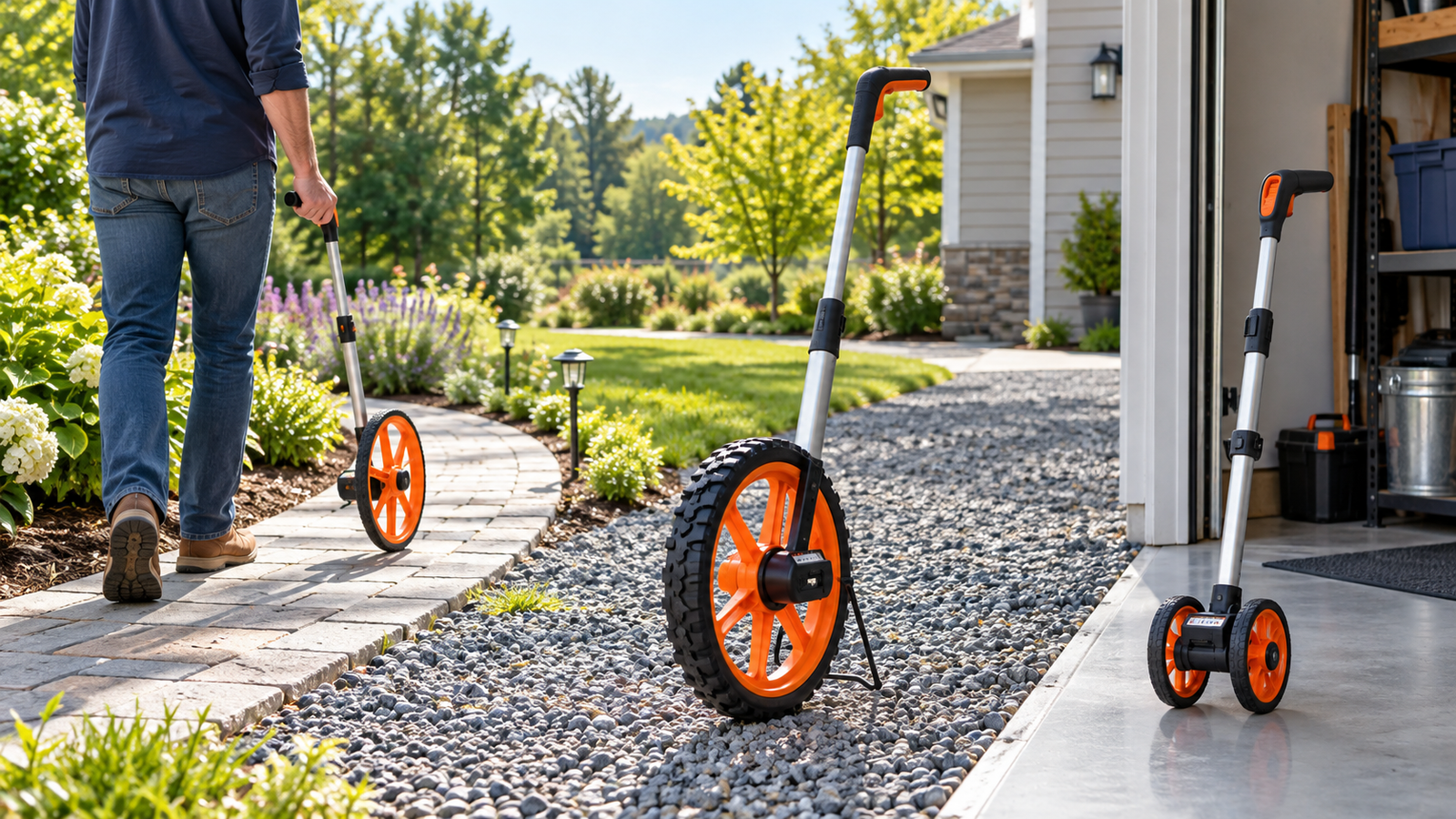 Homeowner comparing measuring wheels on a garden path gravel driveway and garage floor