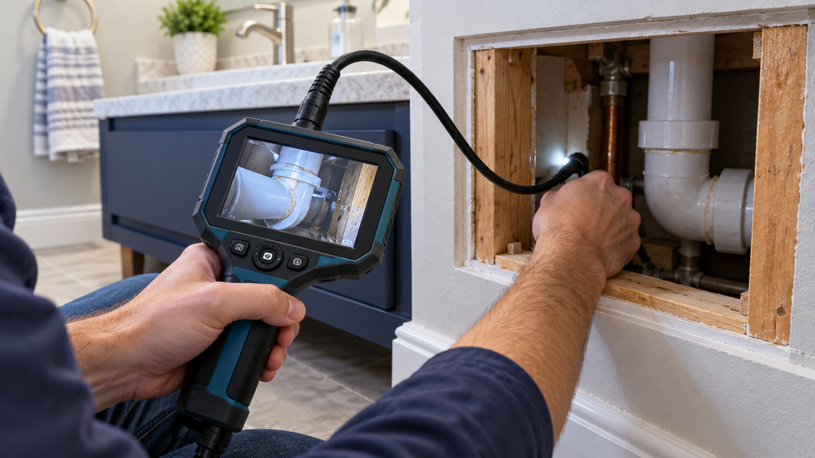 Handheld borescope inspecting plumbing inside a bathroom wall cavity