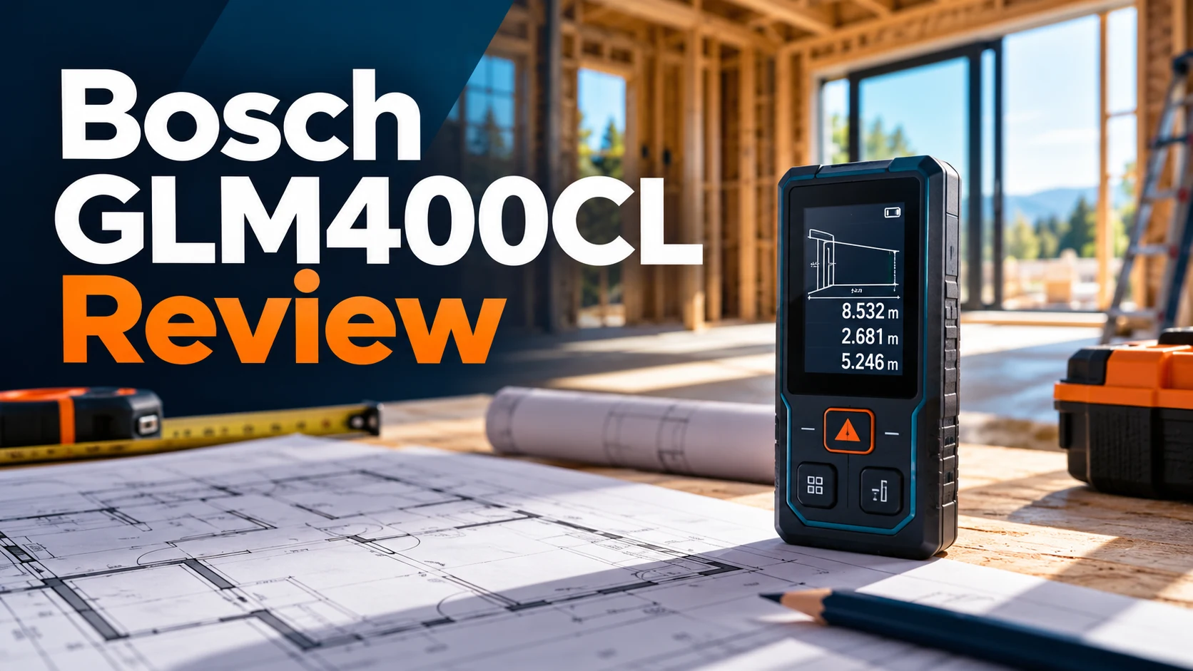 Bosch GLM400CL review cover with an illustrative generic laser measure
