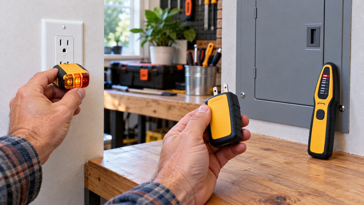 Circuit breaker finder and outlet tester compared in a home workshop