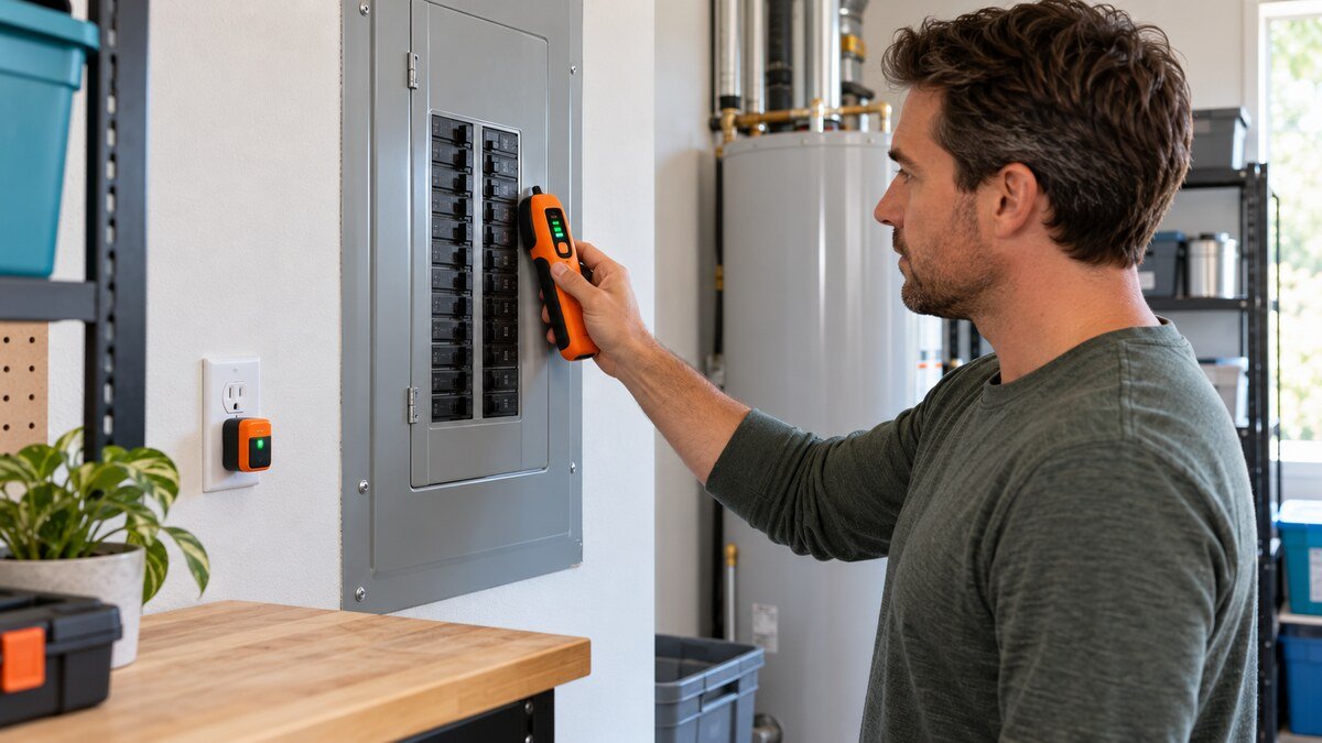 Homeowner safely scanning a breaker panel with a circuit breaker finder