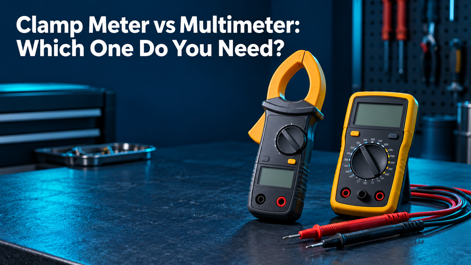 Clamp meter vs multimeter comparison with both instruments on a navy workshop bench