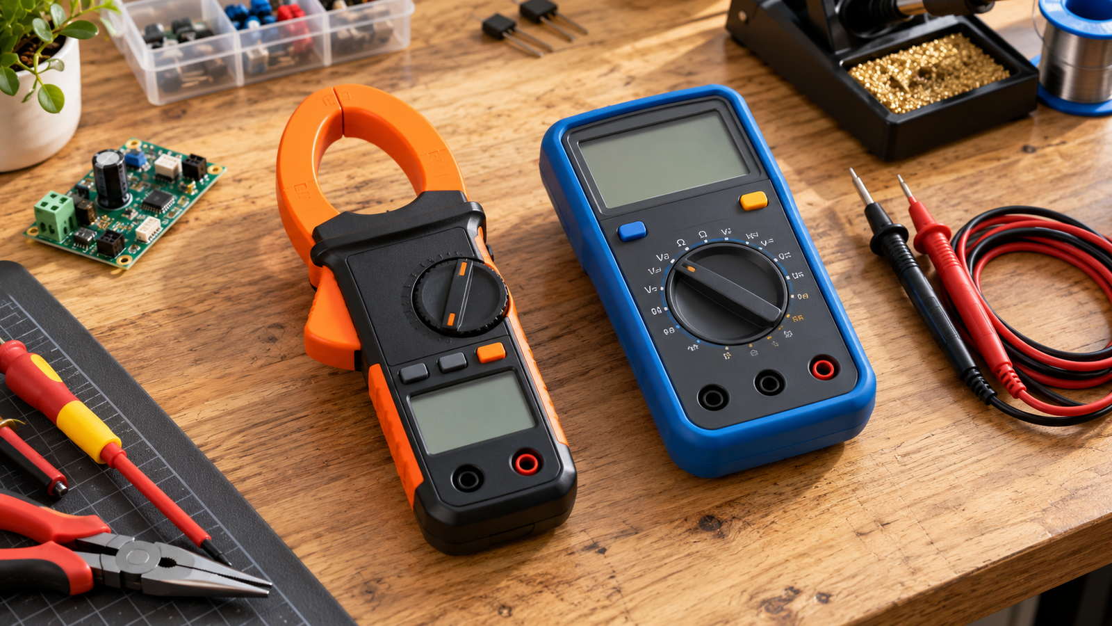 Generic clamp meter and multimeter with disconnected probes on a light wood workbench