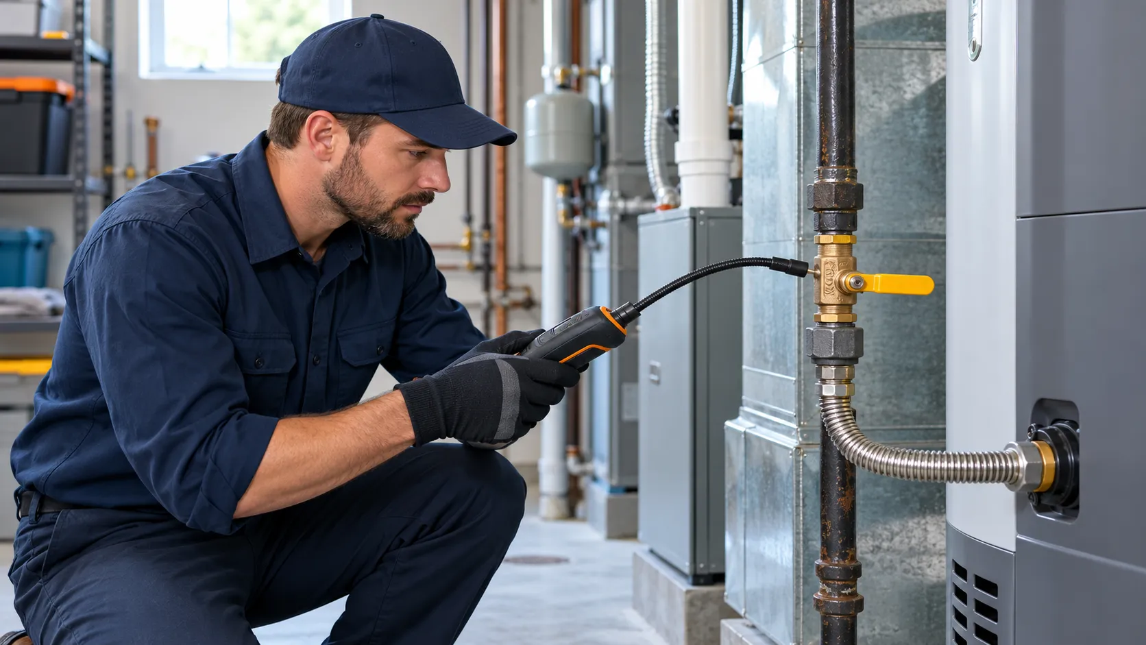 Technician scanning a gas pipe fitting with a combustible gas leak detector