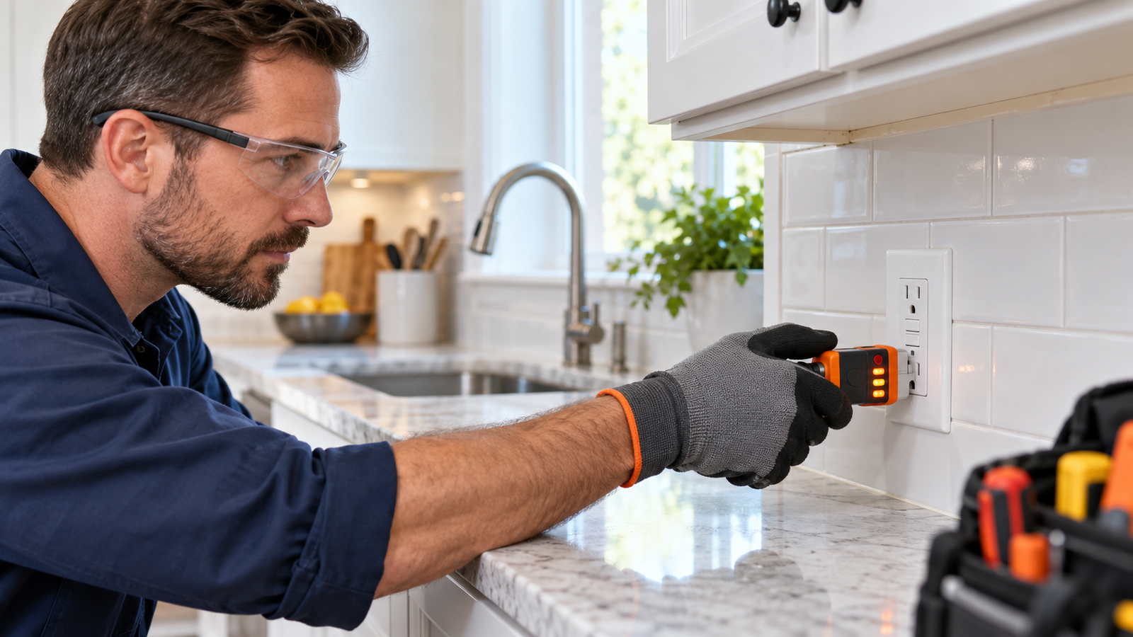 Electrician testing a GFCI outlet with a receptacle tester