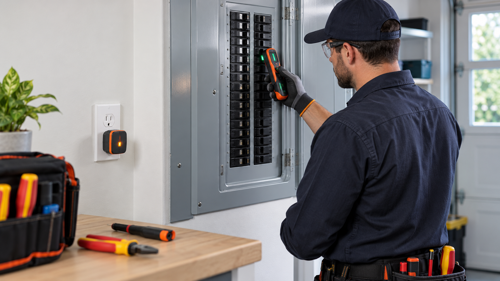 Electrician using a circuit breaker finder at an electrical panel