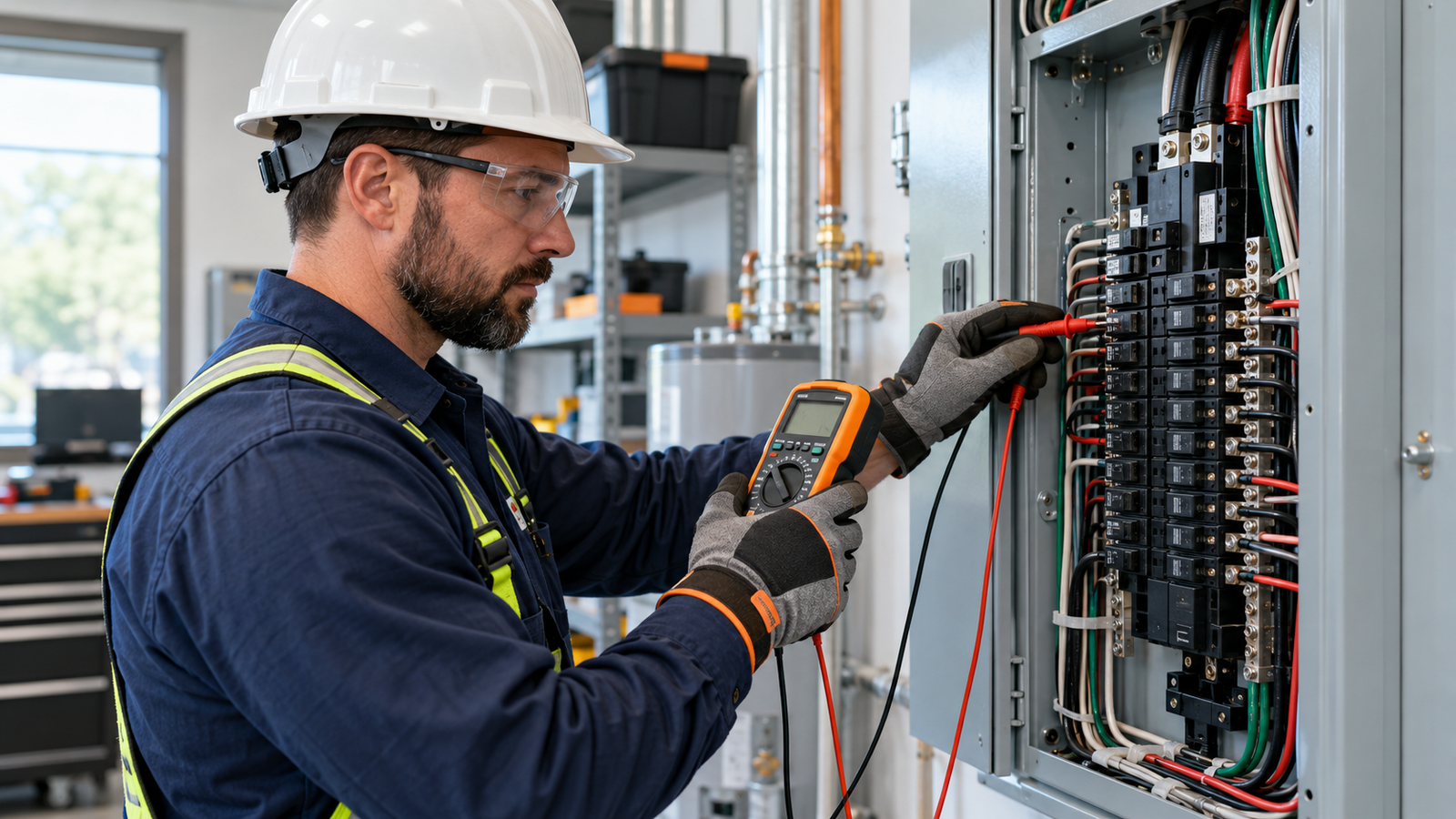 Electrician using a digital multimeter at an electrical panel