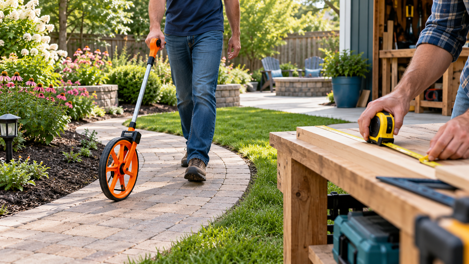 Measuring a curved garden path with a wheel and a straight workbench with a tape measure