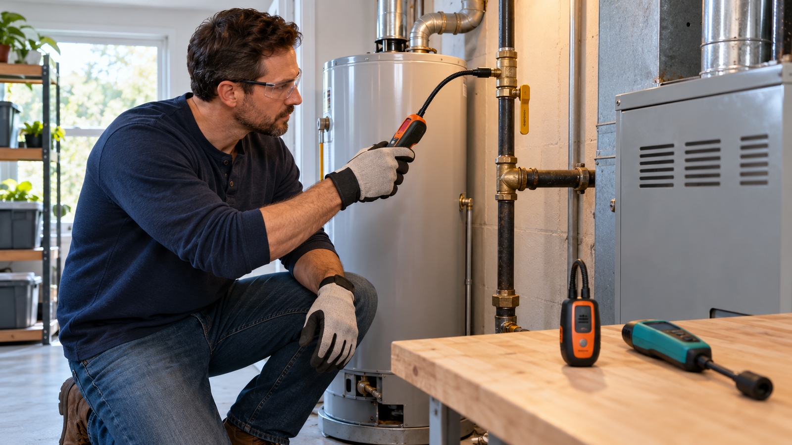 Homeowner using a combustible gas leak detector near a water heater gas connection