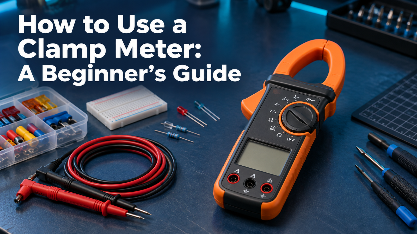 How to Use a Clamp Meter: A Beginner’s Guide title with a generic clamp meter on a navy workbench