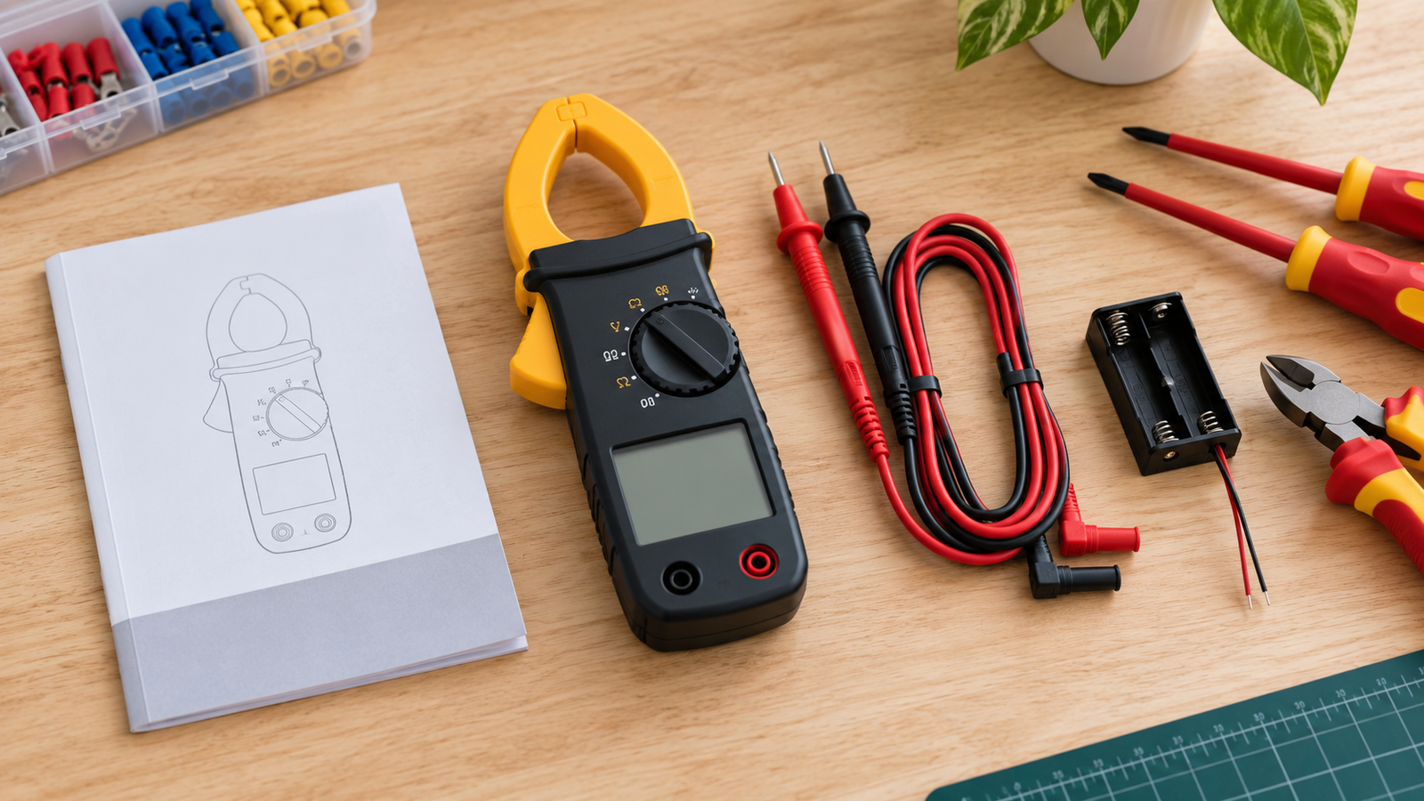 Generic clamp meter with disconnected test leads and low-voltage learning accessories on a wood workbench