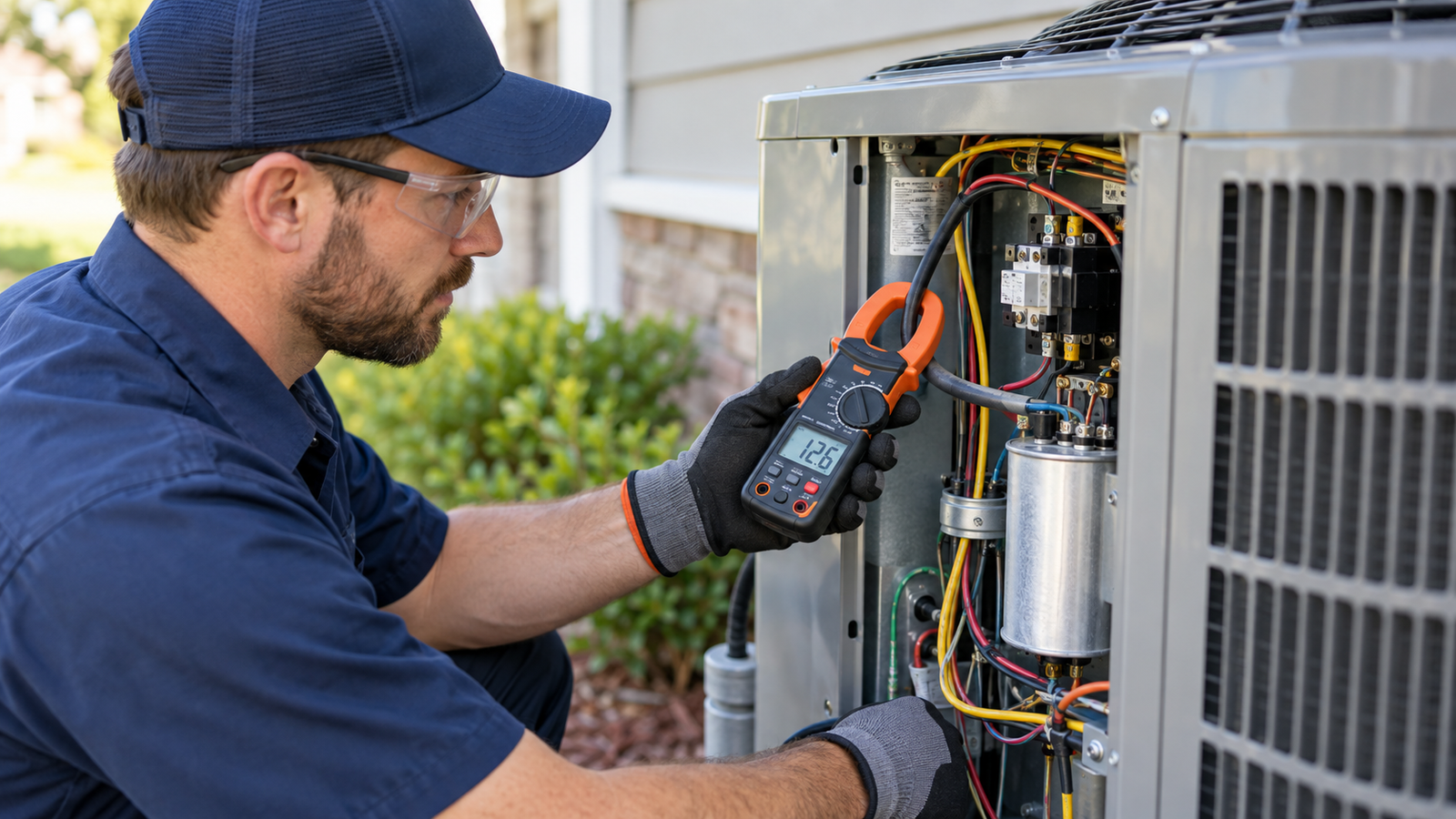 HVAC technician using a clamp meter on an air conditioning unit