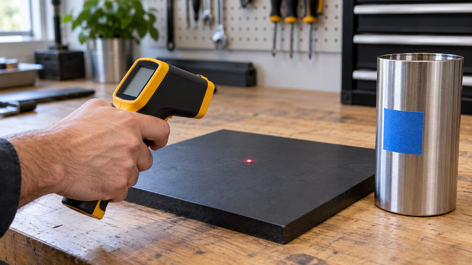 Testing infrared thermometer accuracy on a matte target and taped shiny metal
