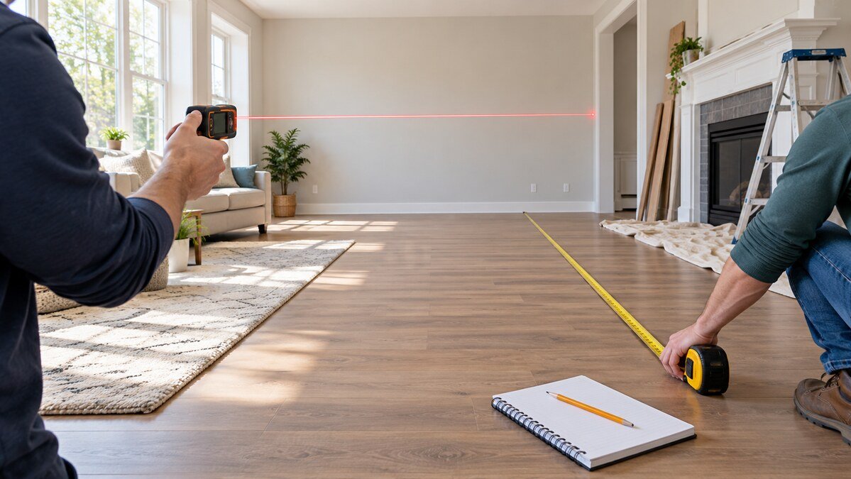 Laser distance measure and tape measure used across the same room
