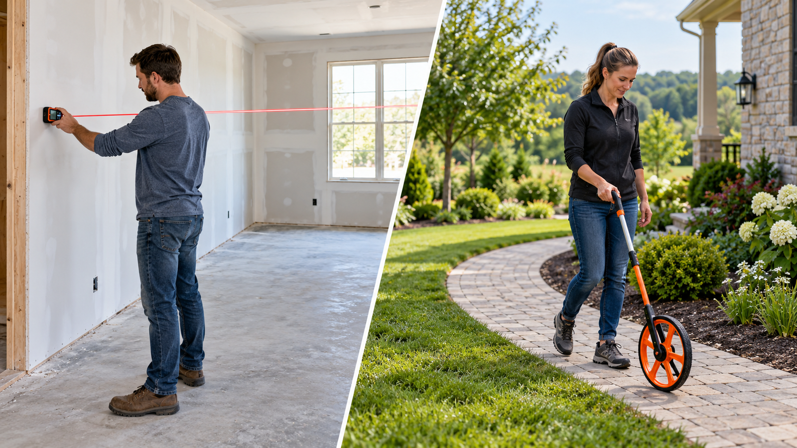 Laser distance meter used indoors and measuring wheel used on a curved outdoor path