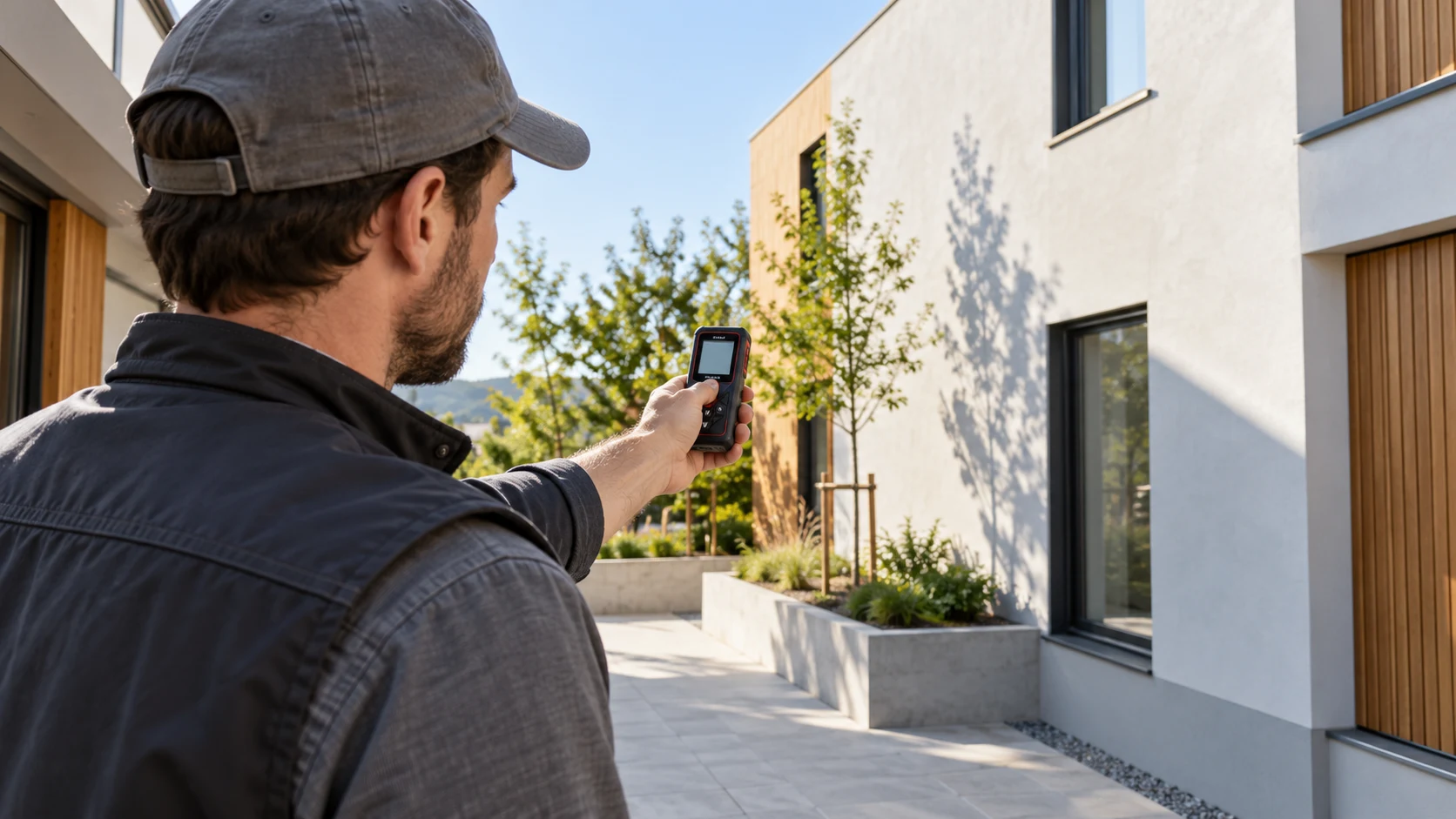Illustration of a person using a generic laser measure outdoors